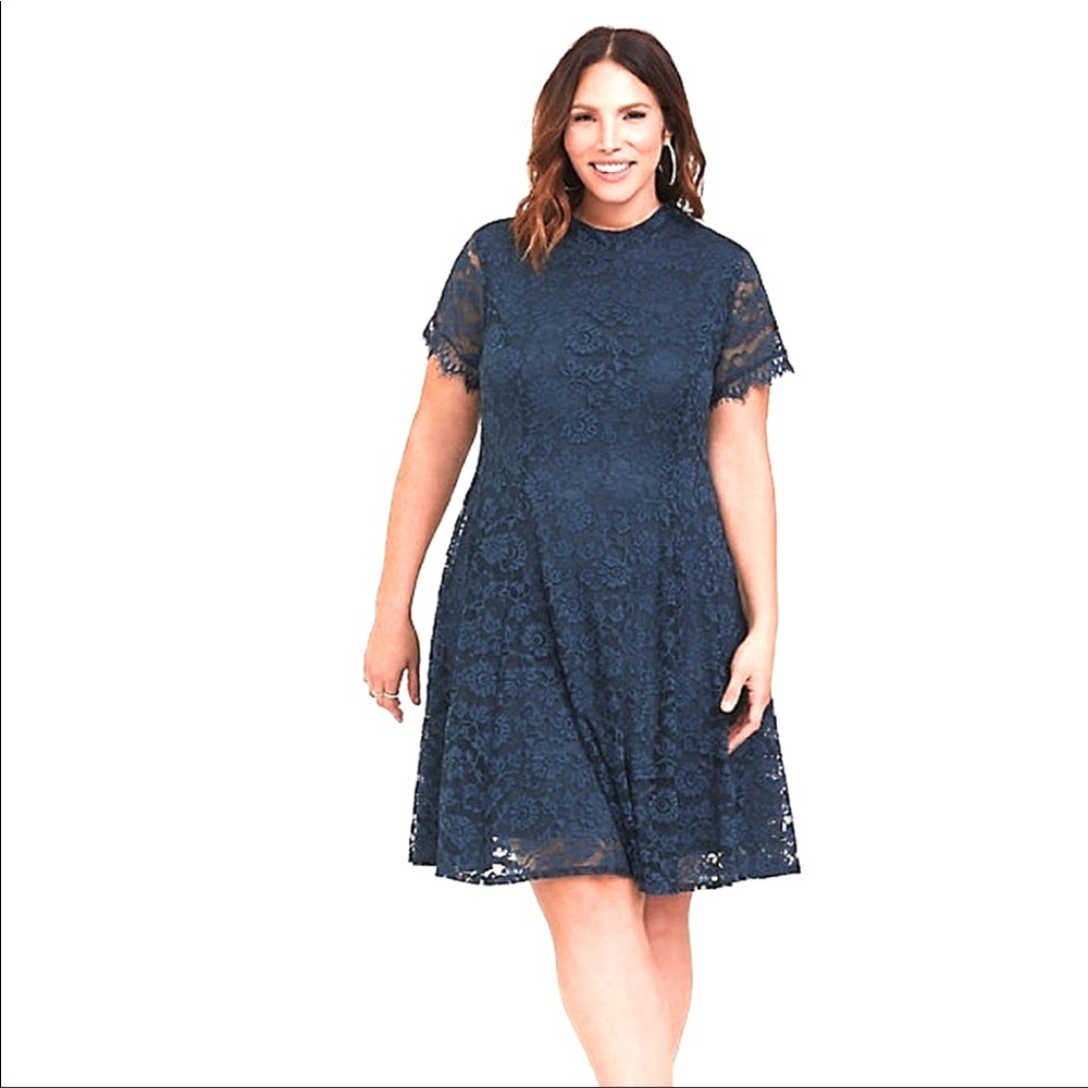 Torrid Teal Lace Overlay Short Sleeve Skater Dress